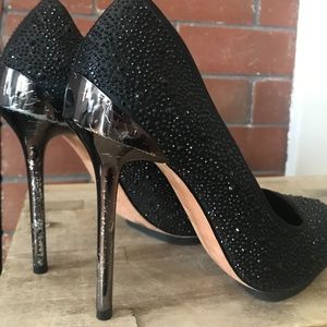 NWT BCBG Black rhinestone embellished satin heels